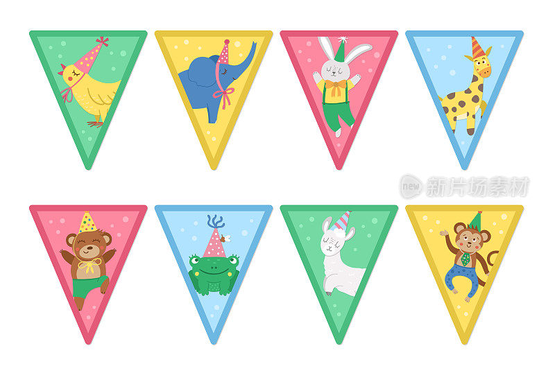 Set of Birthday party templates with cute animals. Anniversary triangle flags collection. Bright pre-made holiday event designs for kids. Pack of decorations for candy bar